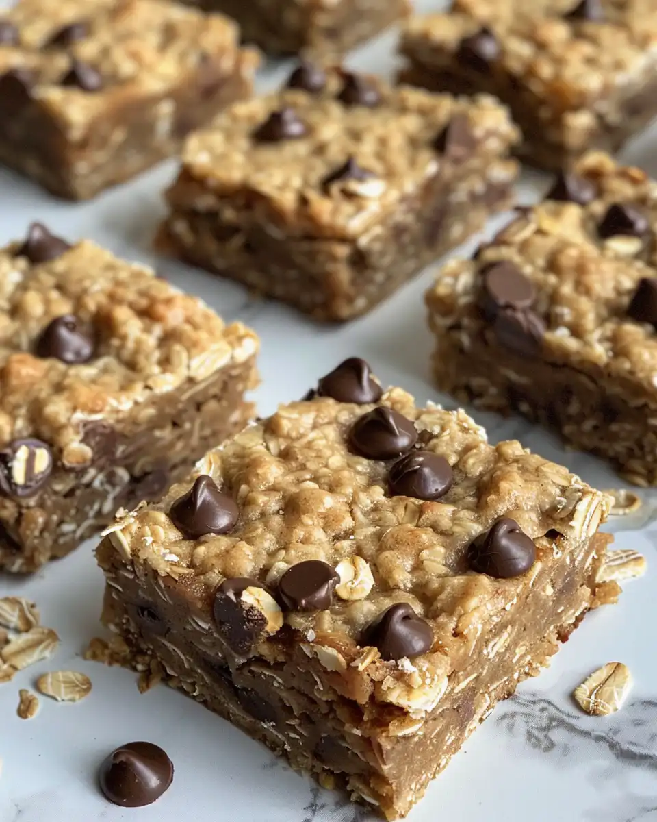 Close up of peanut butter oatmeal bars with golden edges