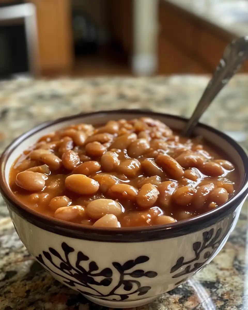 Ingredients for baked beans including bacon, peppers, onions, and sauce
