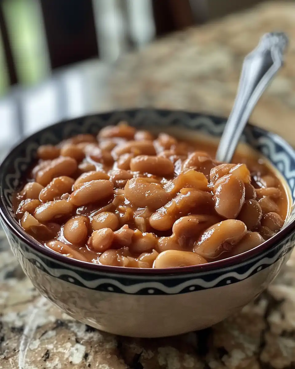 Finished baked beans in serving dish, ready to enjoy