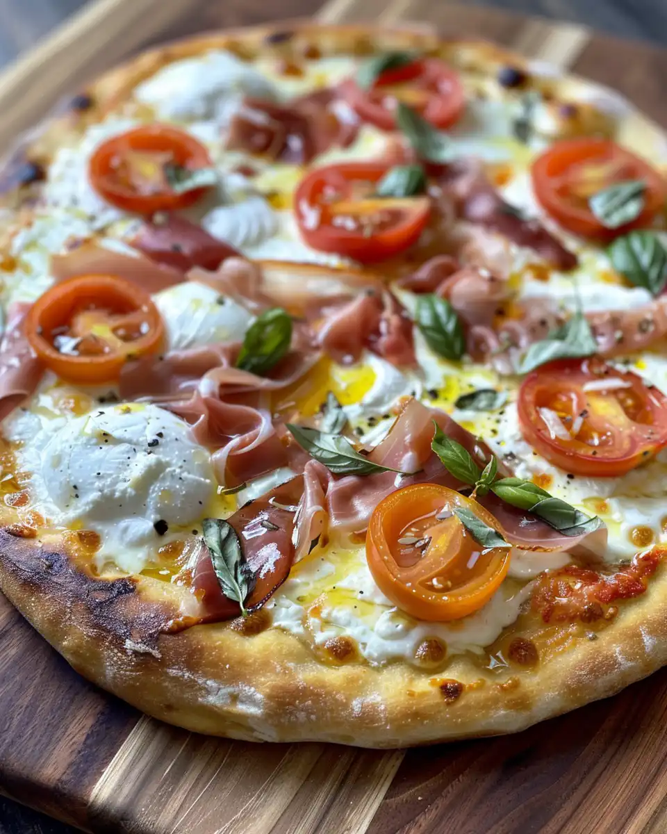Fresh ingredients for burrata pizza including mozzarella, prosciutto, and honey