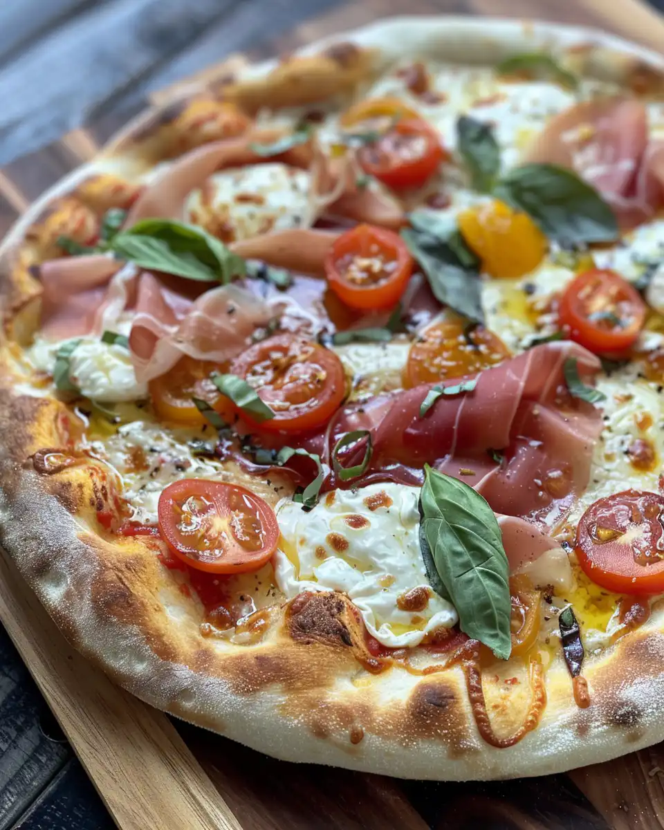Final plated prosciutto and honey burrata pizza with fresh arugula