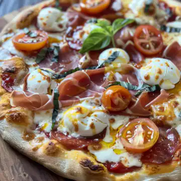 Perfect Prosciutto and Honey Burrata Pizza Recipe taken with iphone 15 pro max --iw 2 --ar 4:5 --v 6.0 --raw
