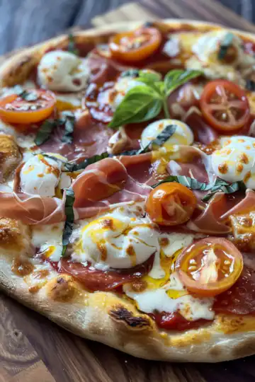 Perfect Prosciutto and Honey Burrata Pizza Recipe taken with iphone 15 pro max --iw 2 --ar 4:5 --v 6.0 --raw