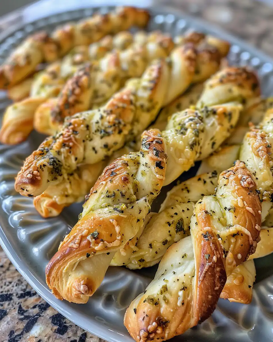 Close up of finished golden puff pastry twists served