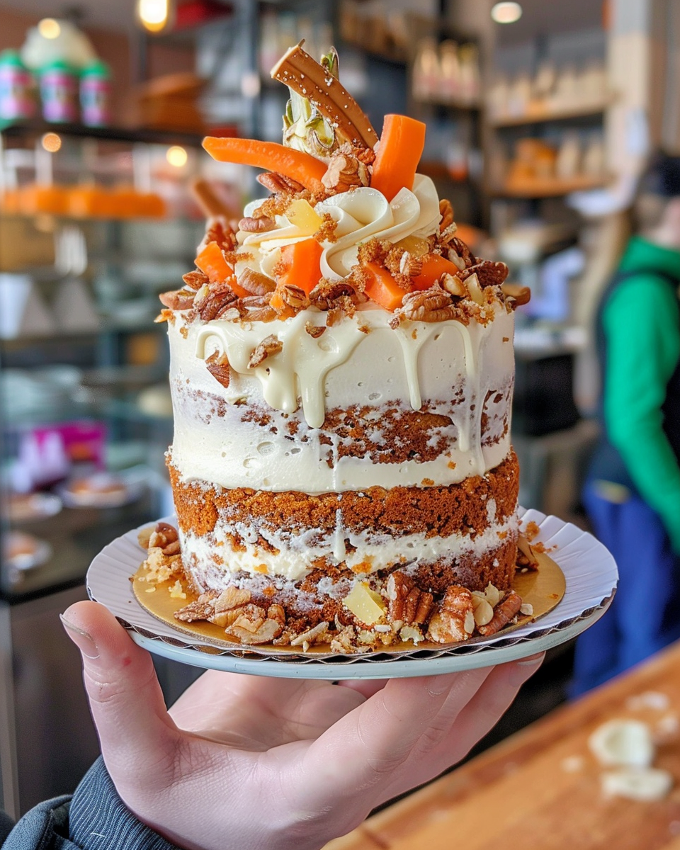 Slice of pineapple carrot cake with cream cheese frosting on plate