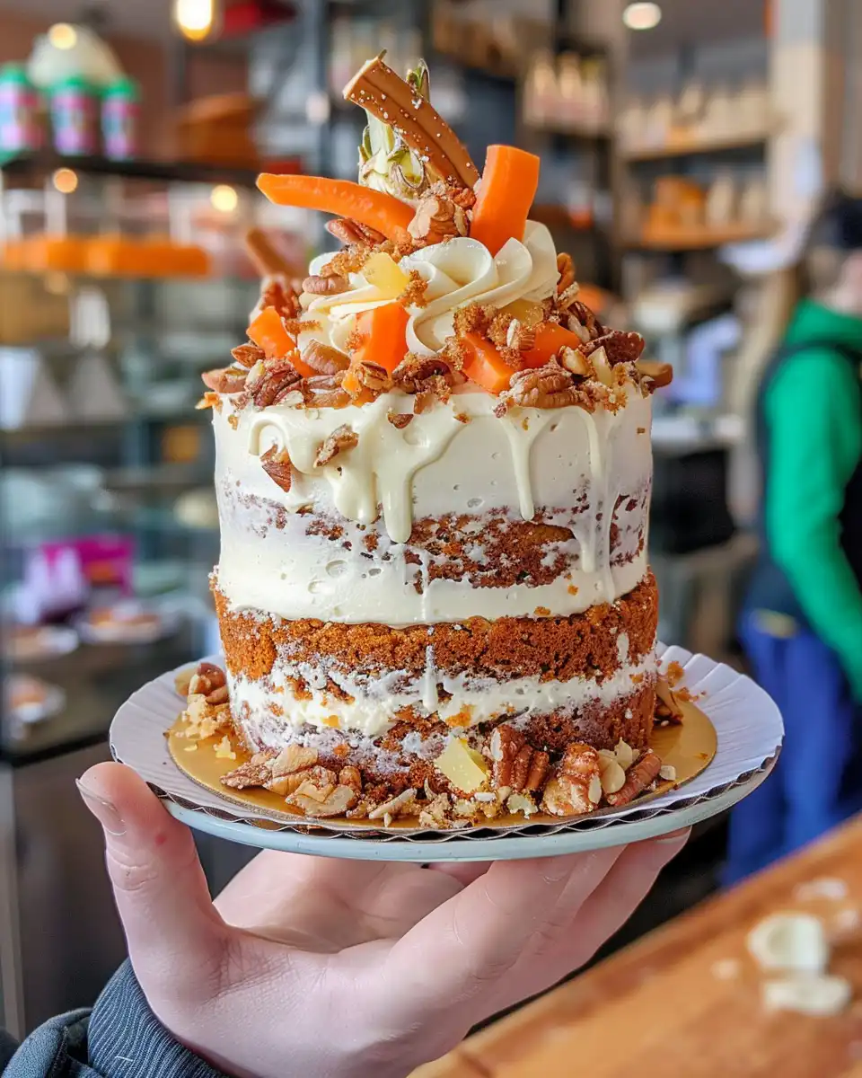 Slice of pineapple carrot cake with cream cheese frosting on plate