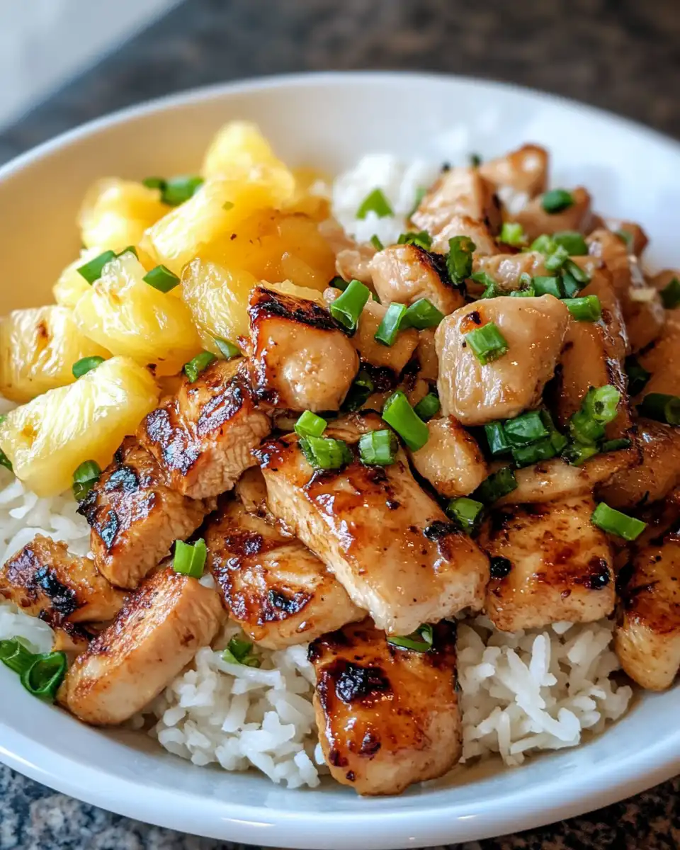 Plated pineapple chicken with coconut rice topped with fresh cilantro and avocado