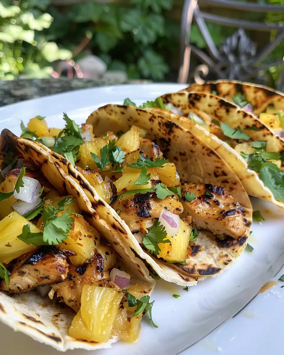Ingredients lined up for pineapple chicken tacos with fresh produce
