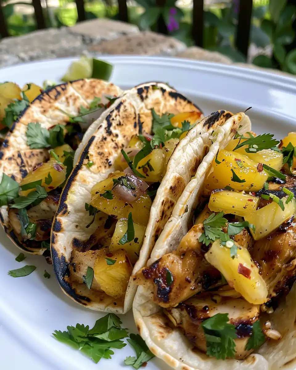 Finished pineapple chicken tacos fully assembled and served