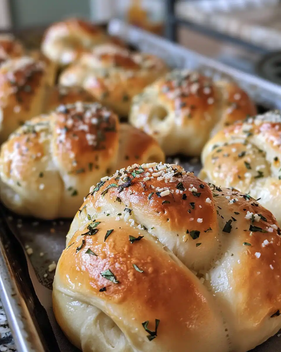 Garlic knots tied and coated with olive oil and seasoning