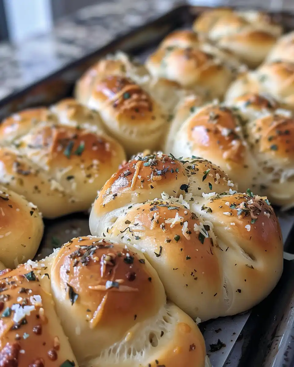 Golden finished garlic knots served on a plate