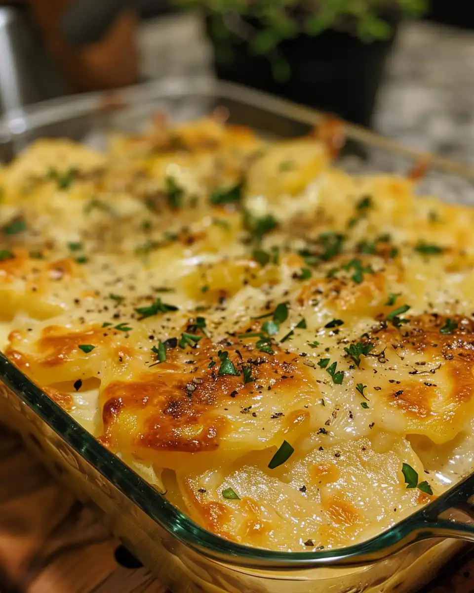 Creamy pour-over mixture being poured evenly over potatoes in glass casserole