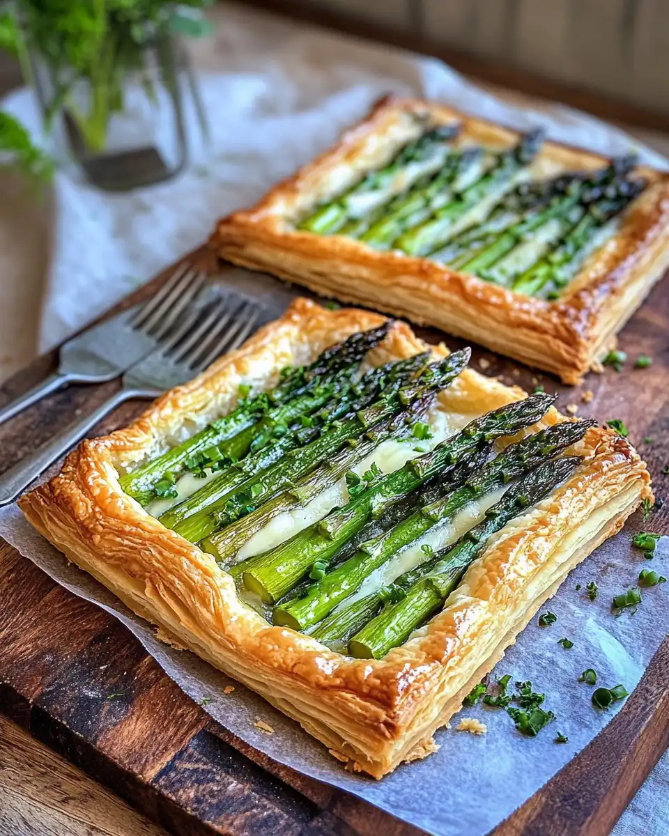 Close-up of cooked asparagus tart showing golden crust