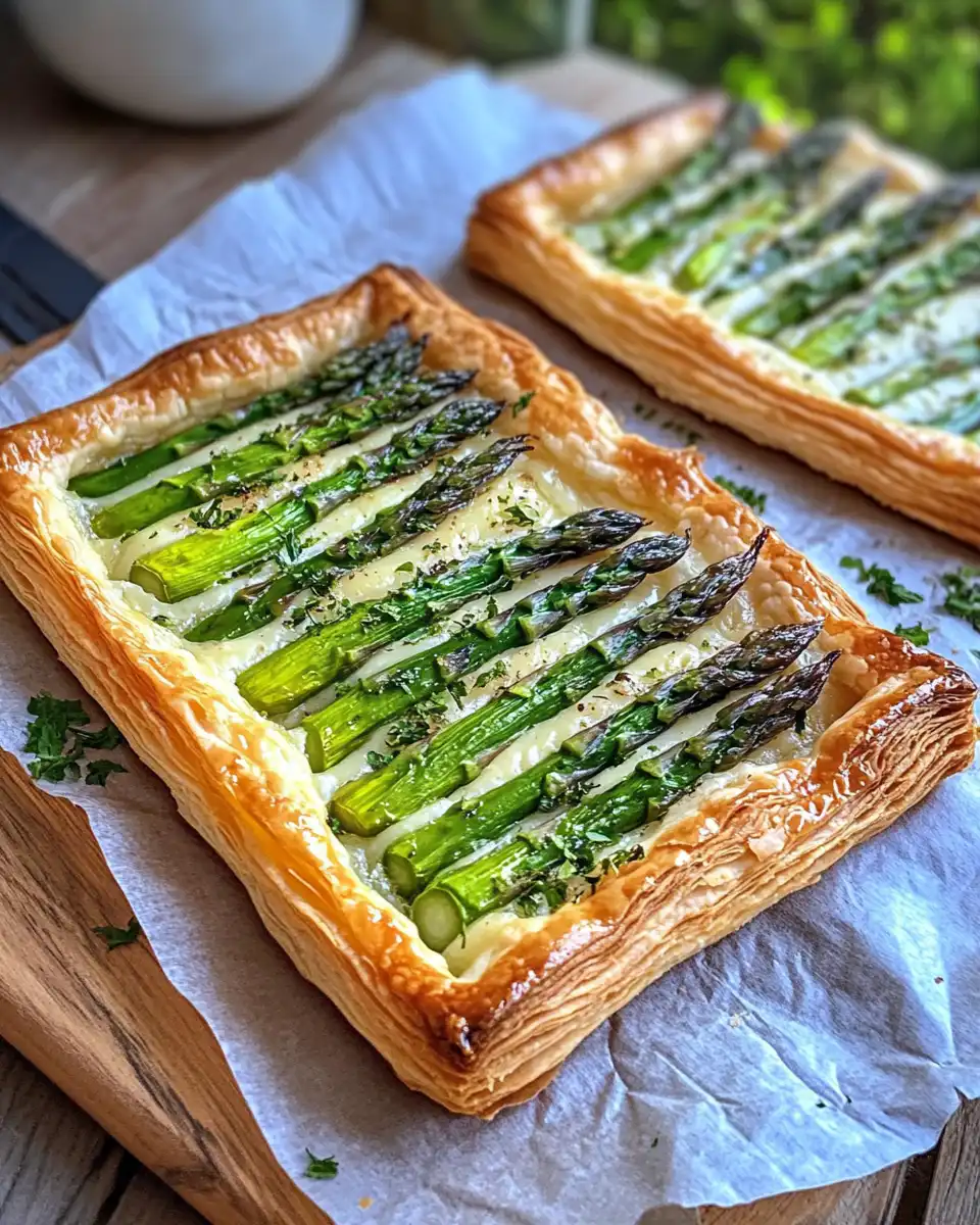 Freshly baked puff pastry with asparagus inside