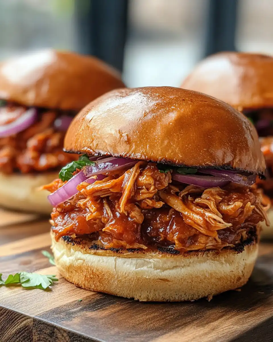 Stacked pulled chicken sandwiches on plate with fresh toppings