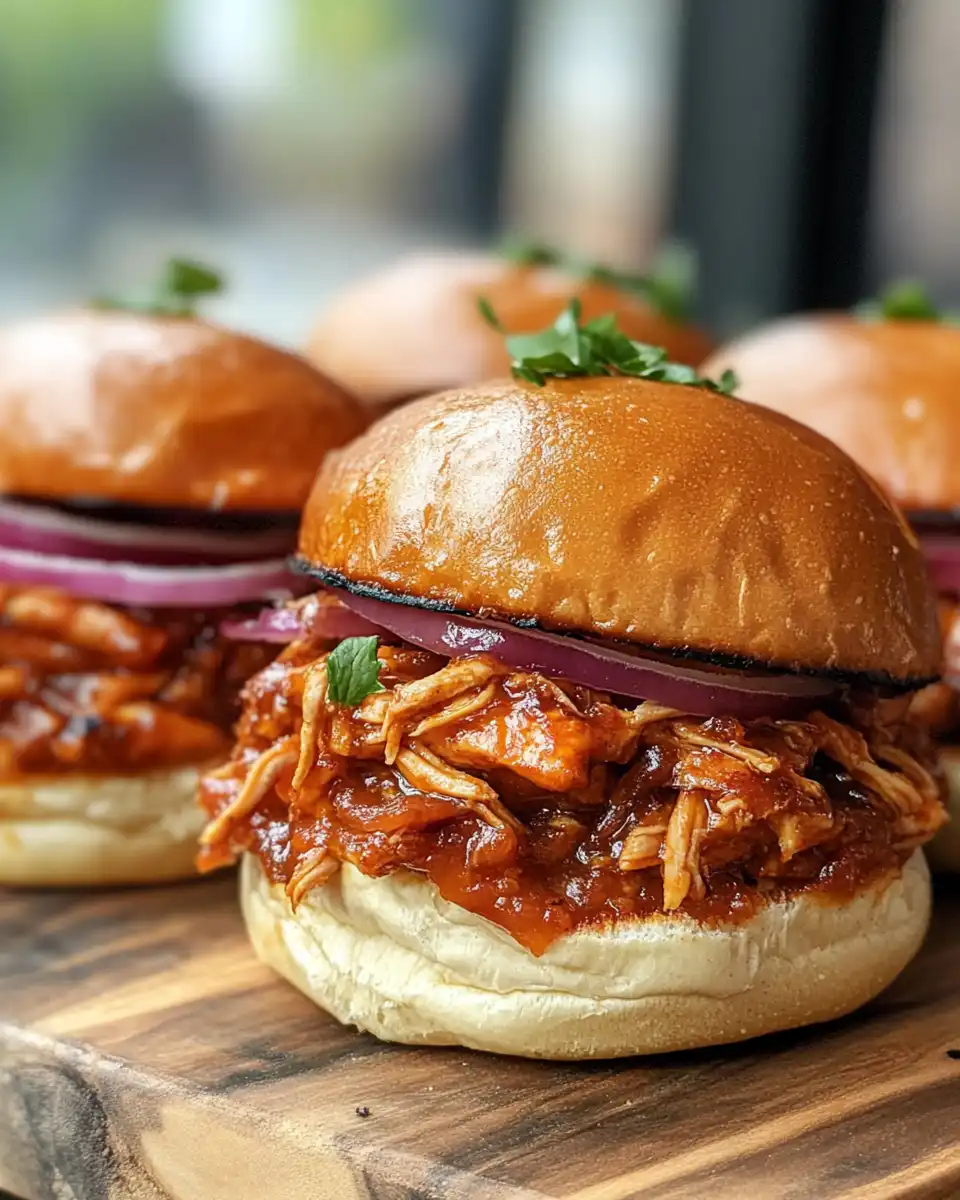 Close-up of pulled chicken sandwiches showing tender, shredded chicken nestled in buns