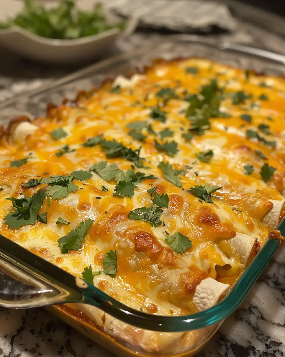 Baked queso chicken enchiladas bubbling golden and ready to serve