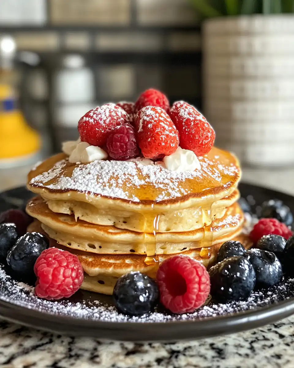 Mix of Greek yogurt pancake ingredients including oats, eggs, vanilla, and maple syrup