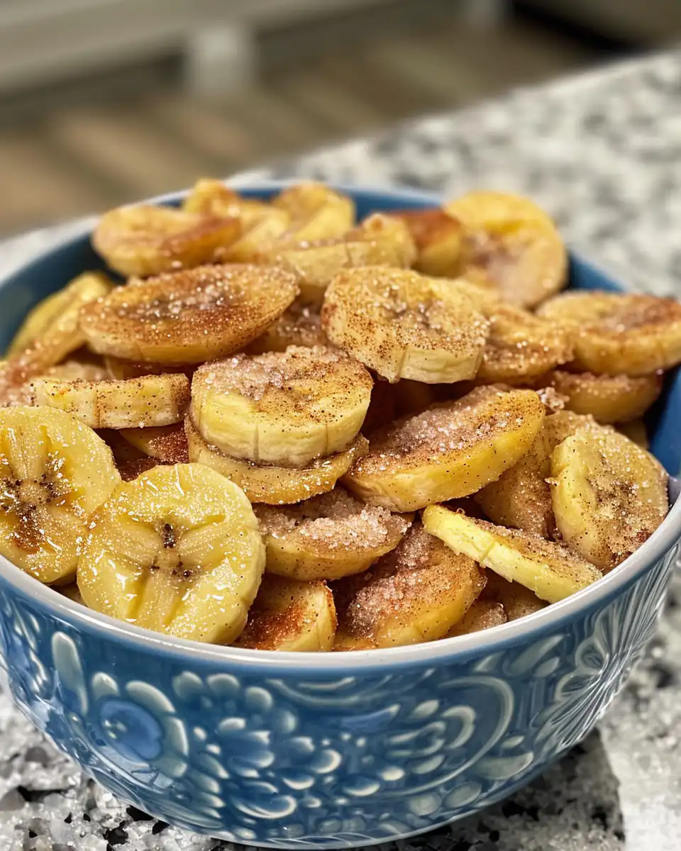 Fresh cinnamon sugar air fryer banana chips steaming hot