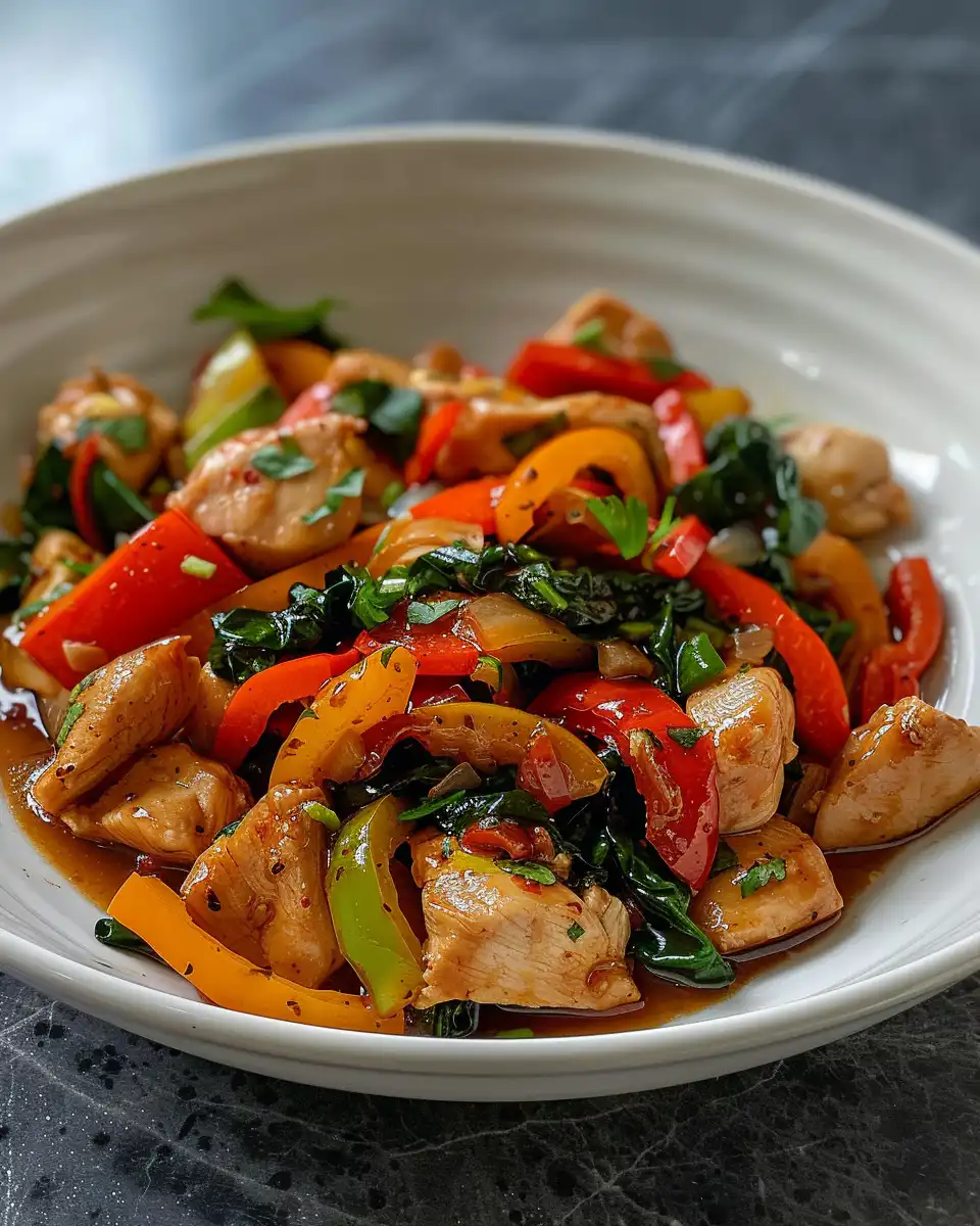 Quick pepper chicken stir fry served with rice on a plate