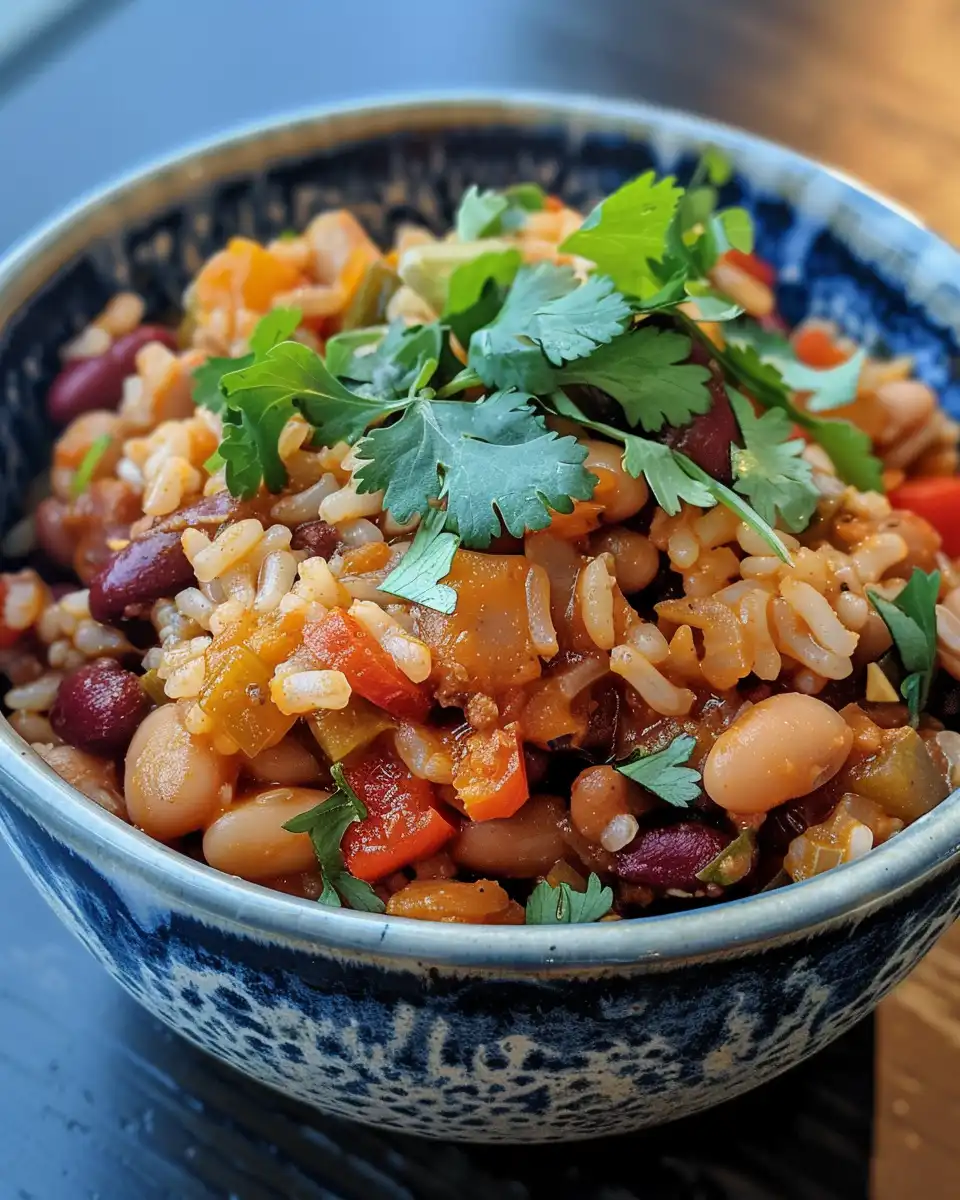 Southwestern rice and beans cooking in a pressure cooker with steam rising