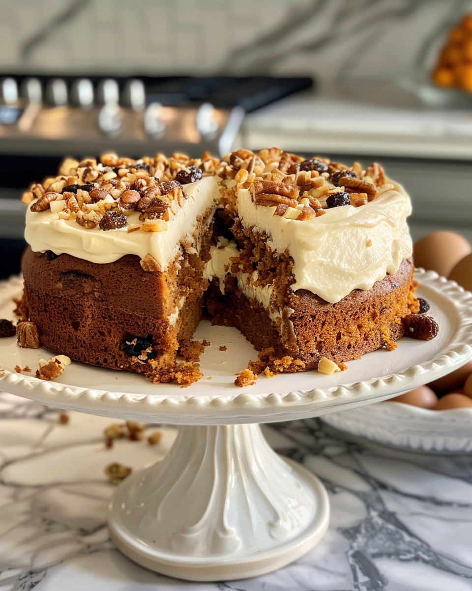 Pressure cooker carrot cake slice with cream cheese frosting on plate