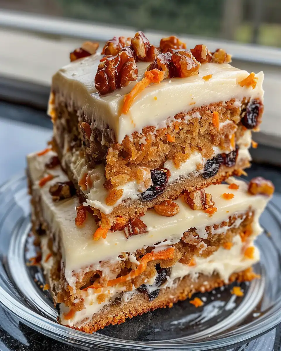 Slice of raisin carrot cake with creamy cream cheese frosting served on plate