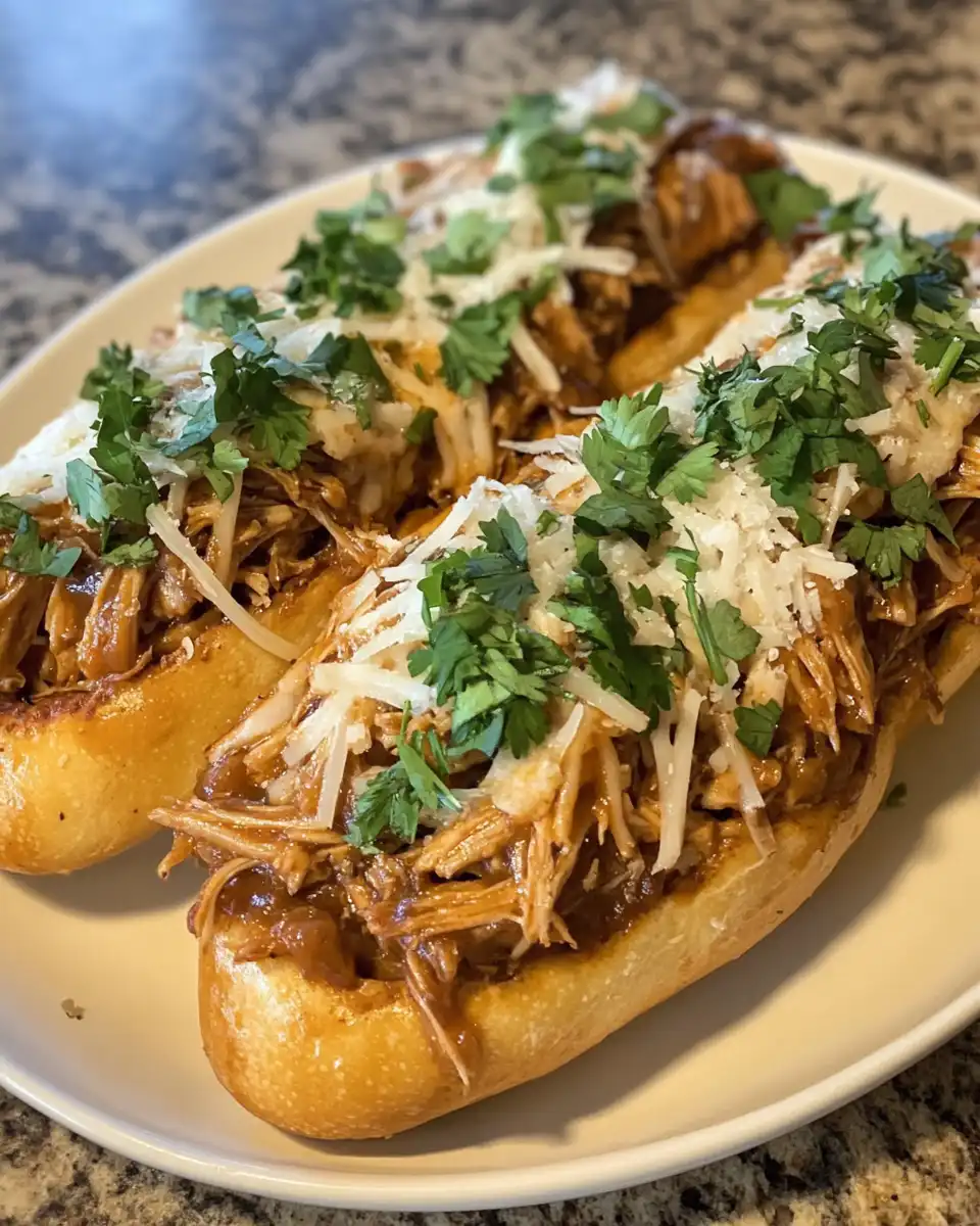 Served pulled chicken on a plate