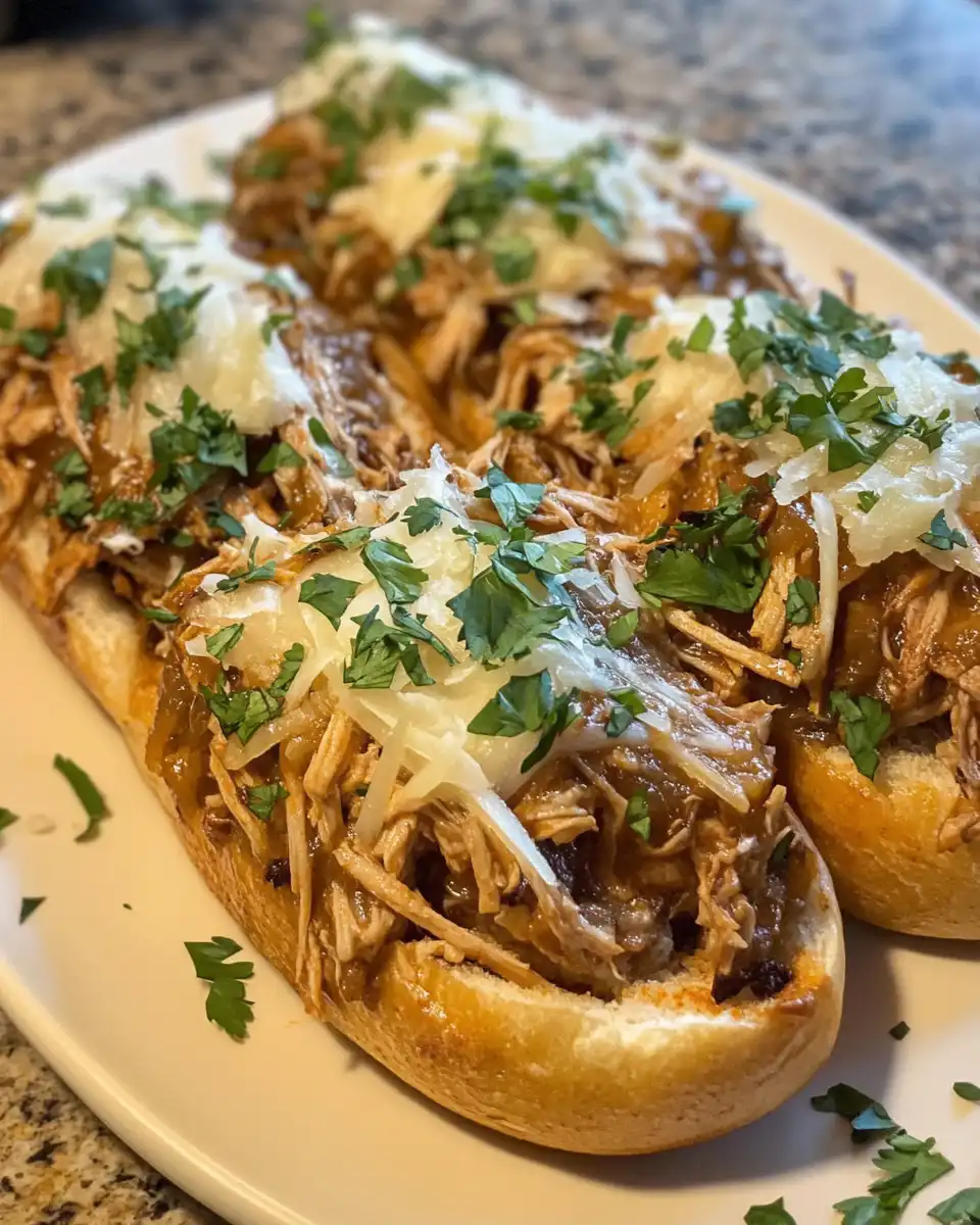 Close-up of shredded pulled chicken in a skillet