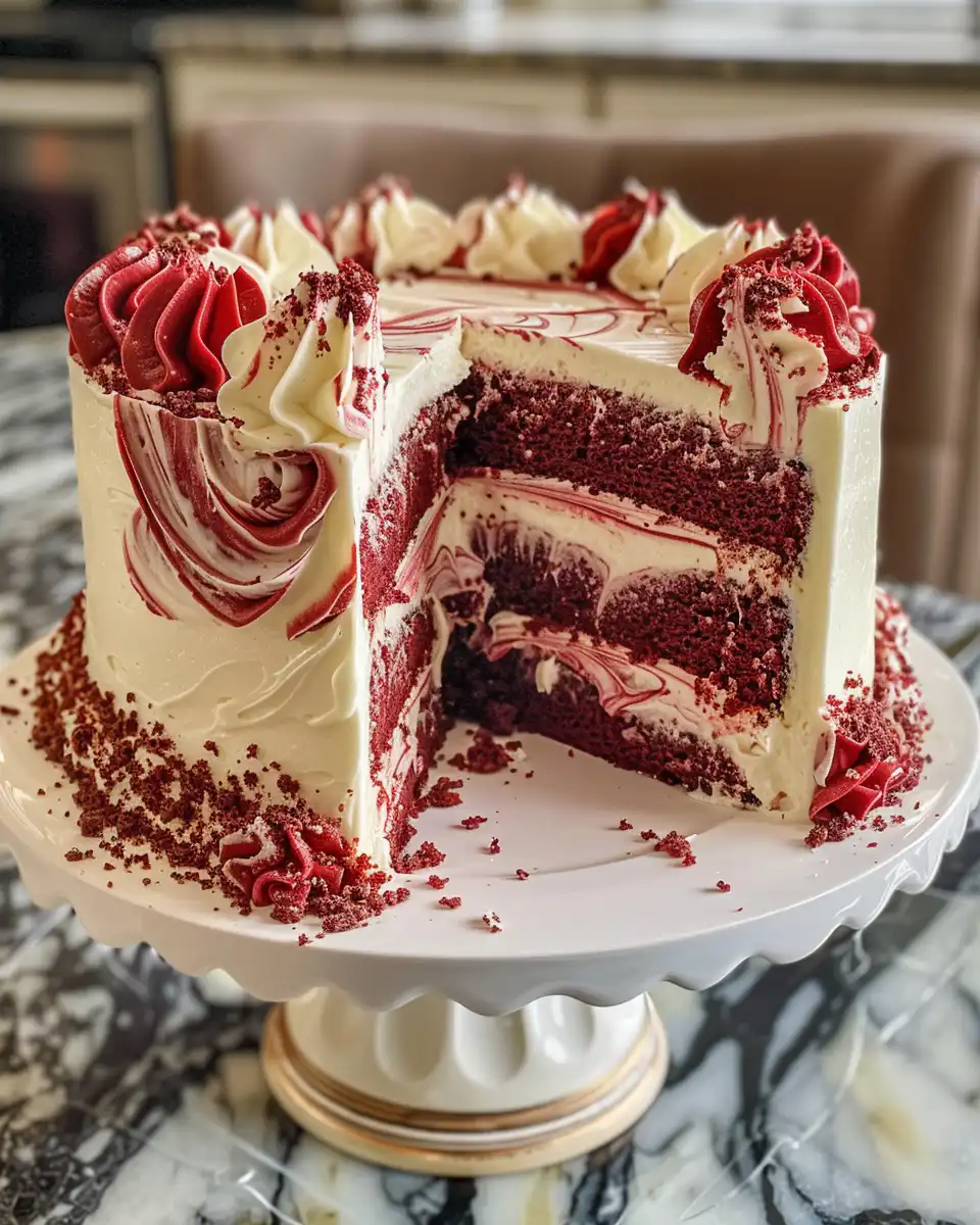 Sliced red velvet cheesecake swirl cake showing tender pull and creamy swirl