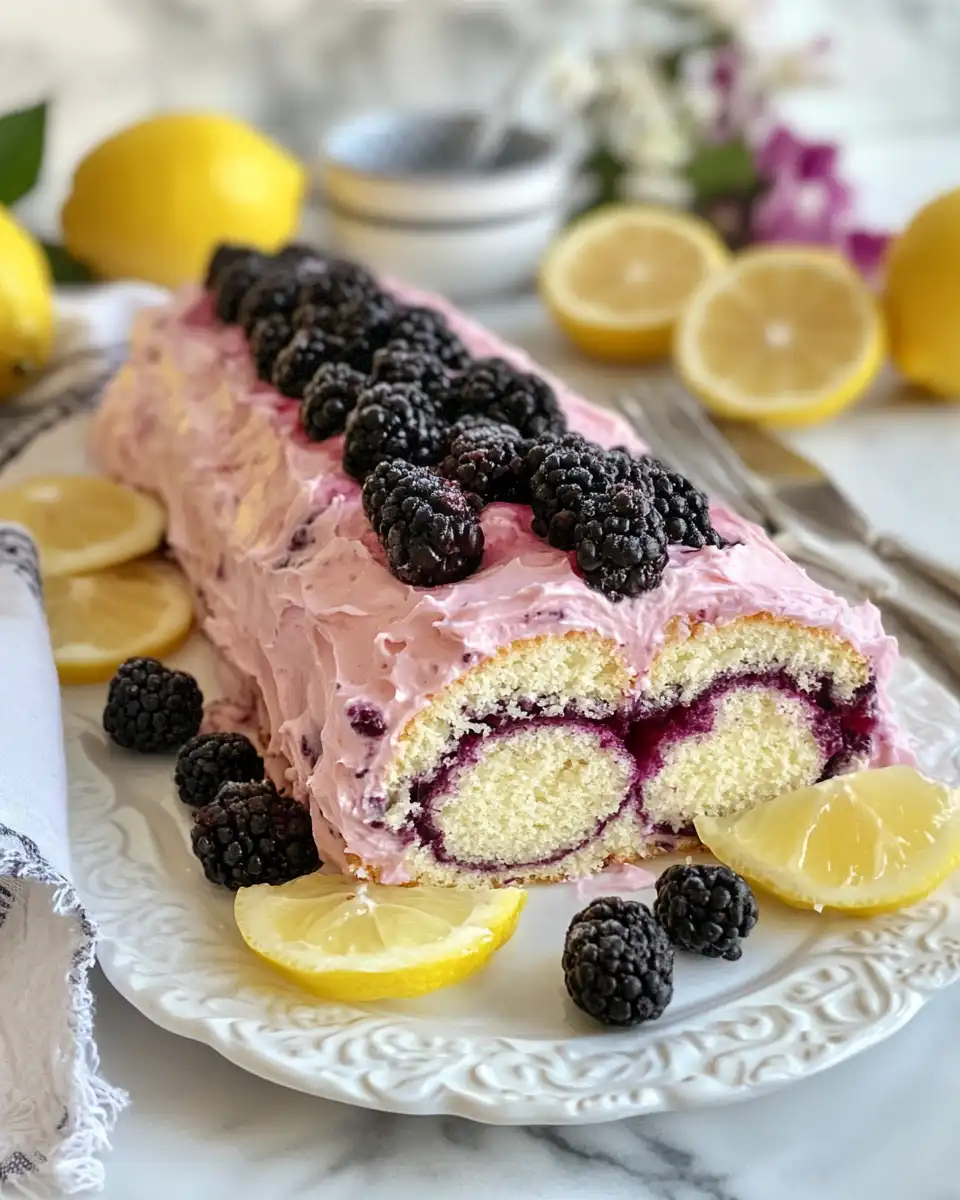 Step-by-step process of assembling lemon and blackberry cake roll