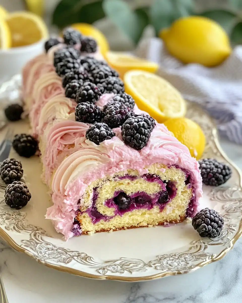 Freshly baked lemon and blackberry cake roll on a plate