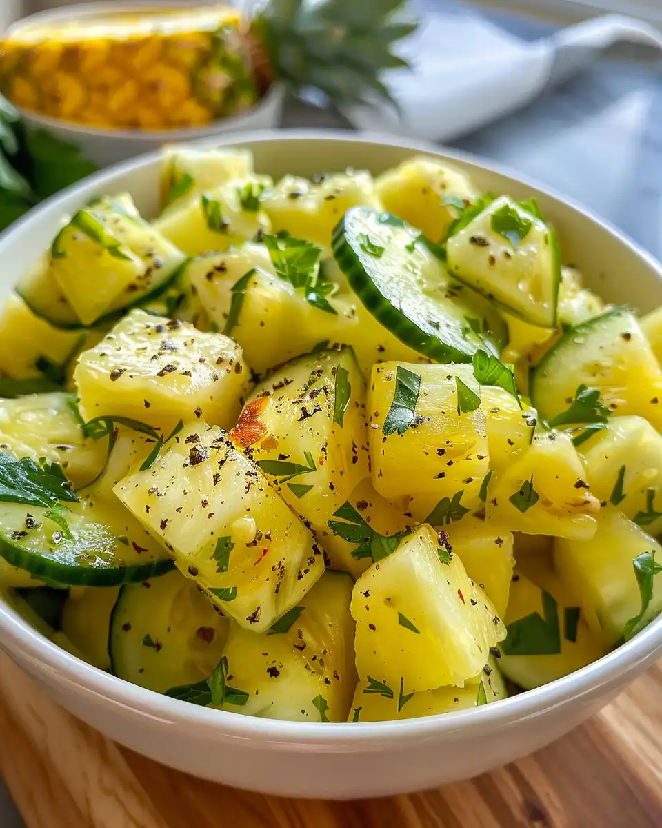 Final served pineapple and cucumber salad in bowl garnished with mint leaves