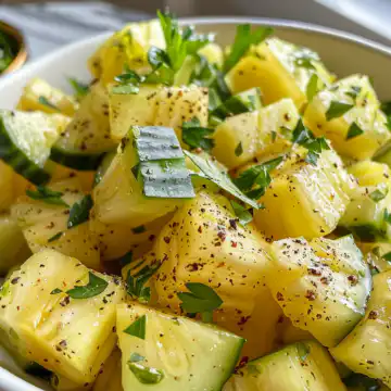 Refreshing Pineapple and Cucumber Salad Recipe taken with iphone 15 pro max --iw 2 --ar 4:5 --v 6.0 --raw