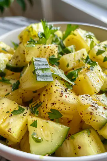 Refreshing Pineapple and Cucumber Salad Recipe taken with iphone 15 pro max --iw 2 --ar 4:5 --v 6.0 --raw