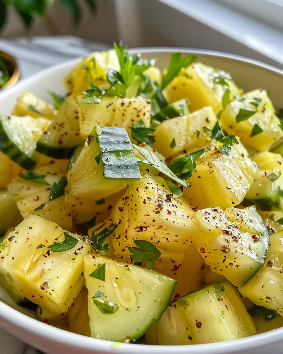 Fresh pineapple and cucumber salad in bowl with lime and mint
