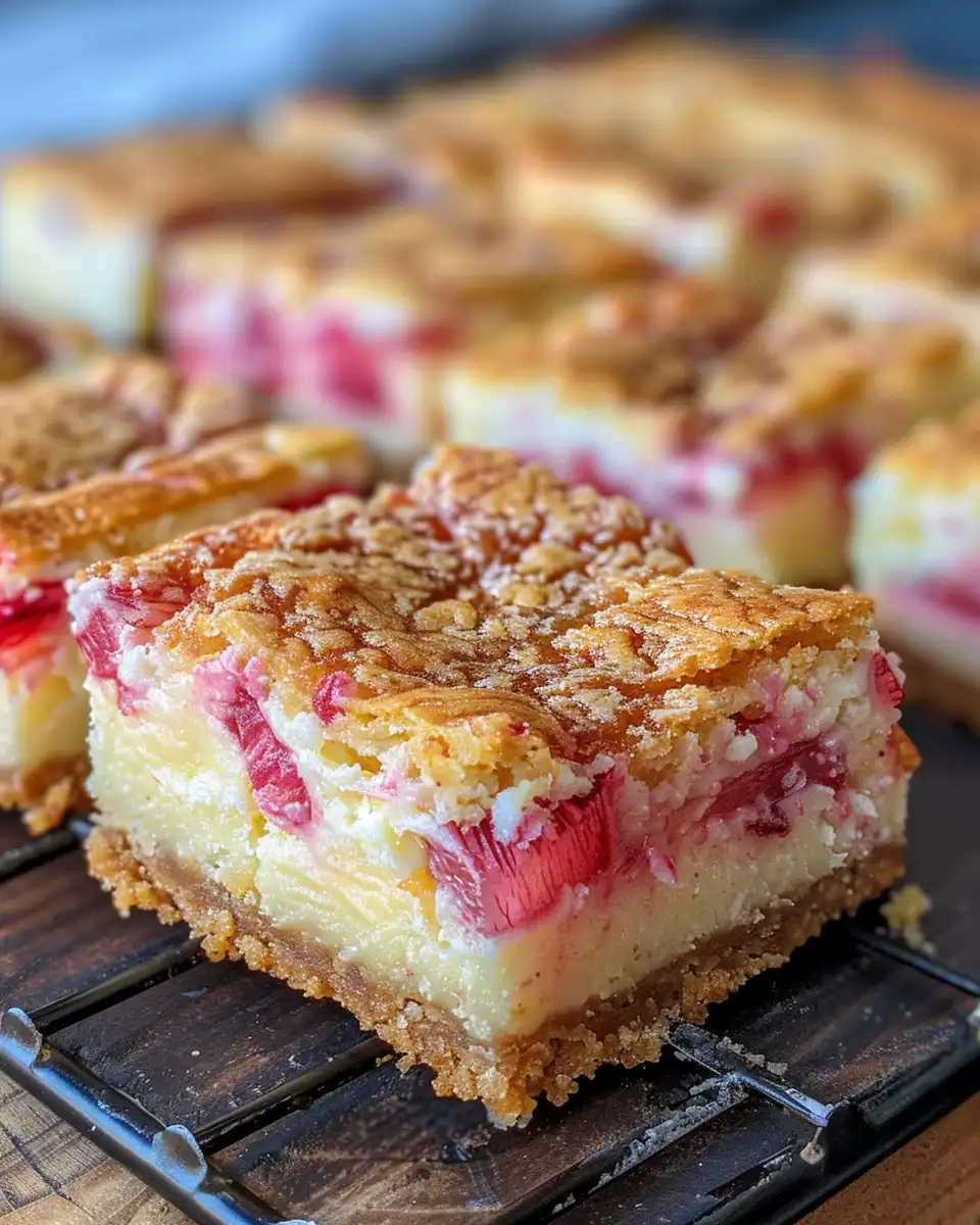 Finished rhubarb cheesecake bars ready to serve