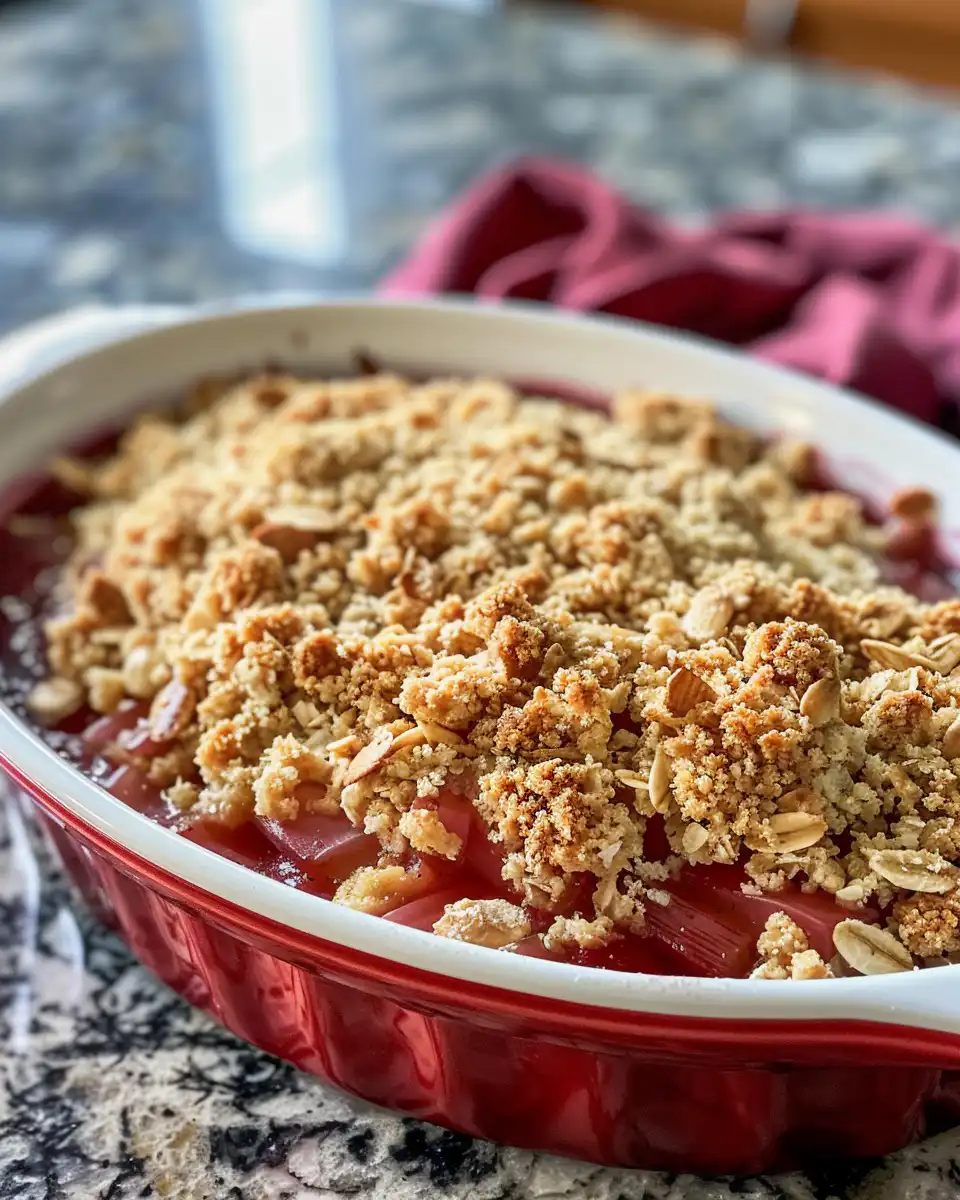Close-up of finished rhubarb crisp with golden oat topping