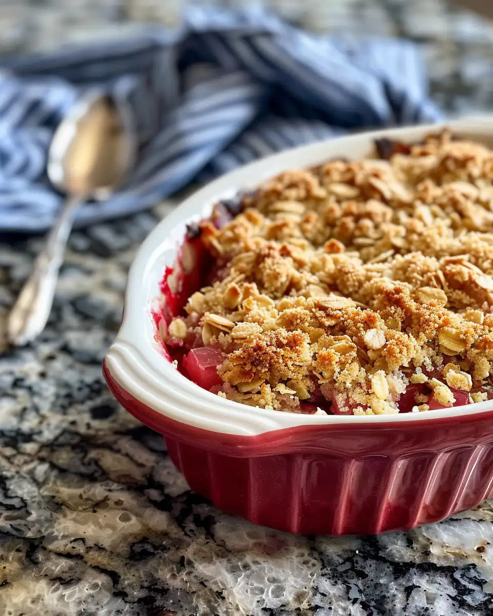 Freshly cooked warm rhubarb crisp in pressure cooker with steam