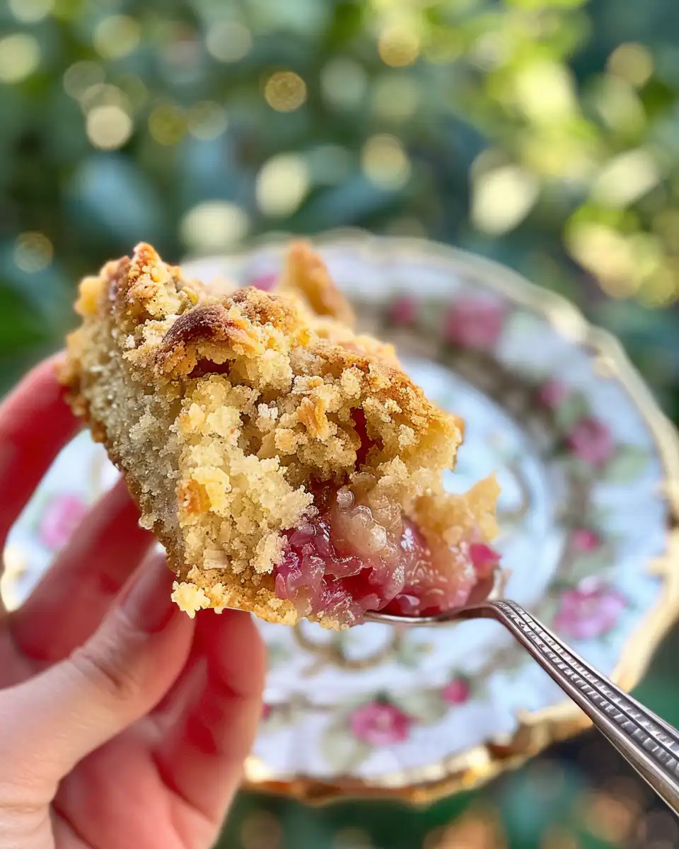 Close up of freshly cooked rhubarb dump cake with golden crust and gooey filling