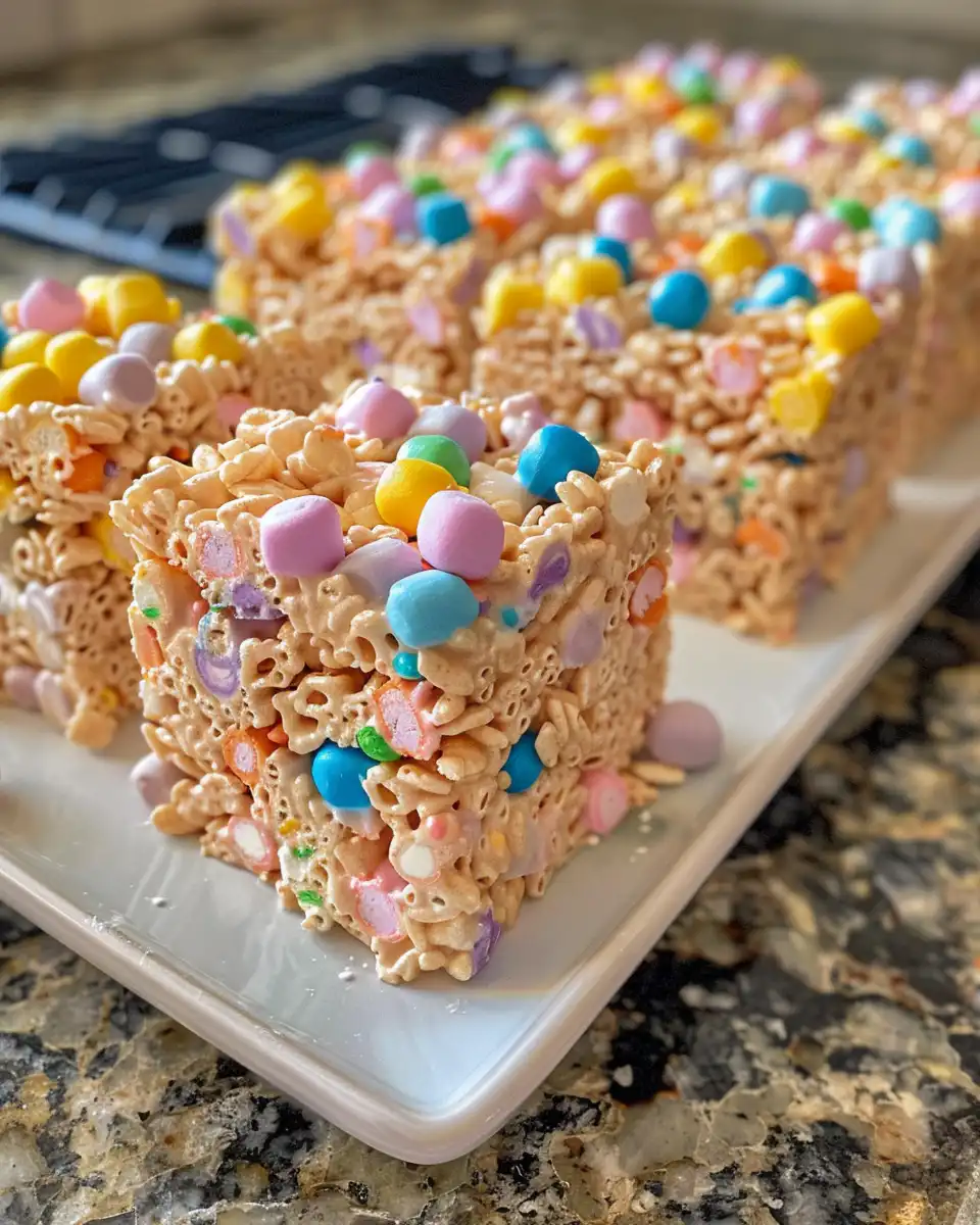 Finished rice krispies treats drizzled with white chocolate in baking dish