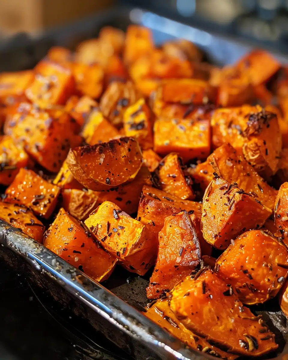 Sweet potato cubes tossed with olive oil and seasoning before cooking