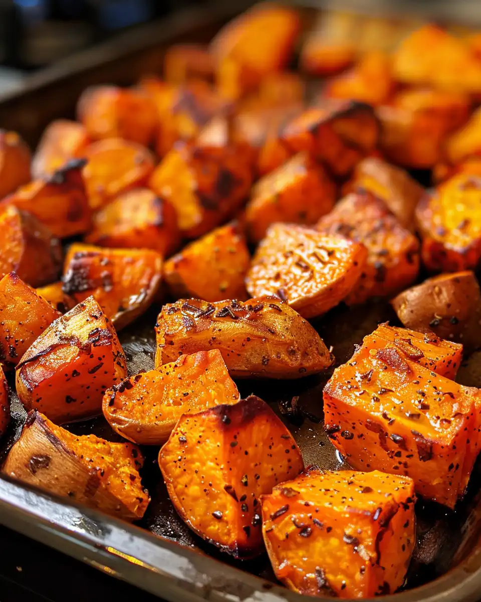 Warm roasted sweet potatoes plated and ready for serving