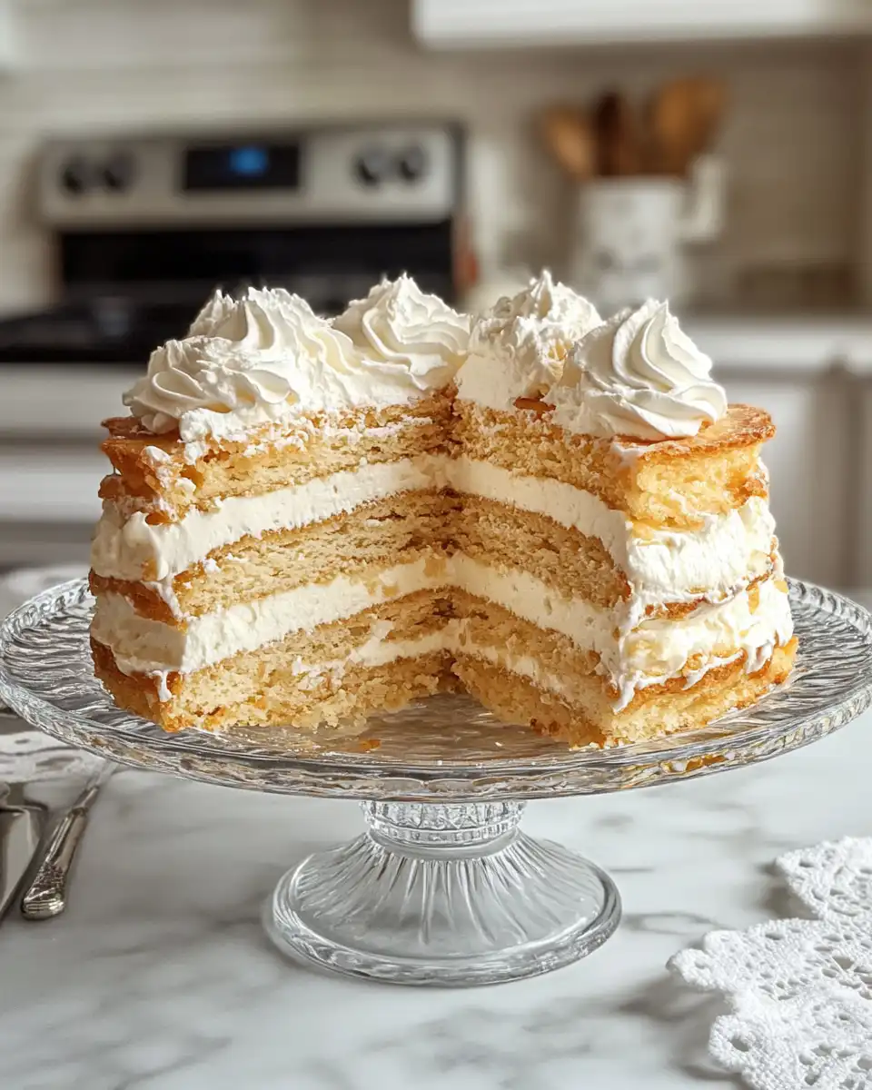 Close-up of Napoleon Cake with golden crust and flaky layers steaming fresh from cooker