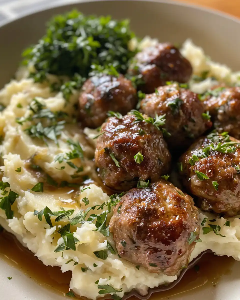 Served Salisbury steak meatballs with garlic herb mashed potatoes on plate
