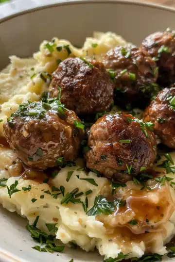 Salisbury Steak Meatballs with Garlic Herb Mashed Potatoes taken with iphone 15 pro max --iw 2 --ar 4:5 --v 6.0 --raw