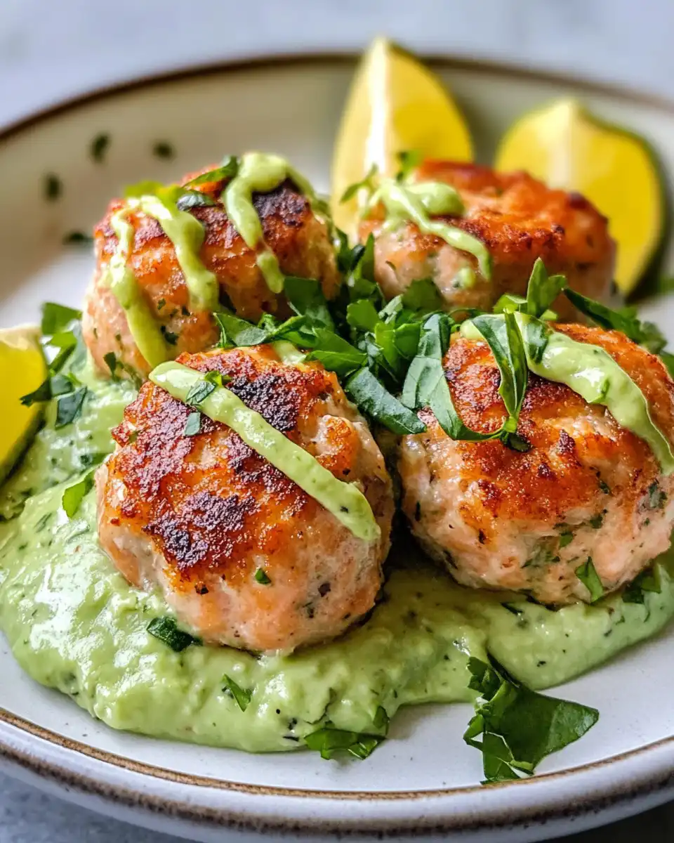 Served salmon balls with avocado sauce