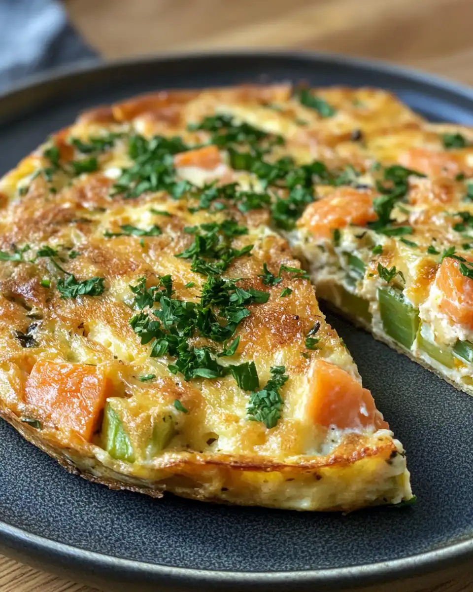 Close-up of the golden salmon leek frittata, showing its fluffy texture
