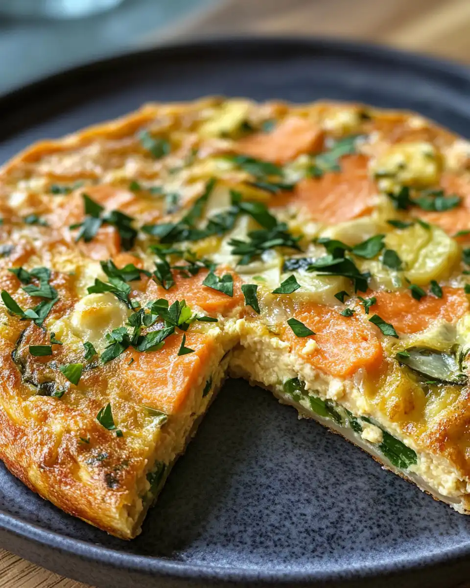 Finished salmon leek frittata on a plate, garnished and ready to enjoy