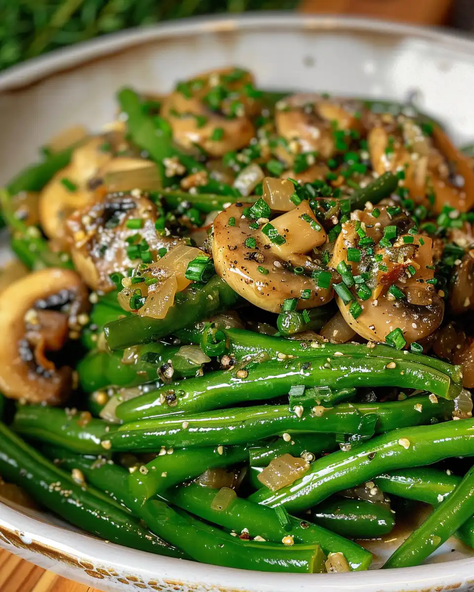 Serving of garlic butter green beans and mushrooms garnished with fresh parsley